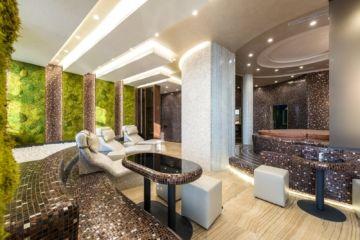 Comfortable chairs and bathtubs in spacious contemporary spa center with mosaic elements and walls decorated with fresh green plants